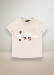 Maglietta a maniche corte Scugnizzi 0-16 in cotone beige con logo RefrigiWear e grafica effetto schizzo sulla parte frontale