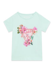 Maglietta Scugnizzi 0-16 in cotone verde menta con stampa floreale e logo Guess glitterato sul davanti