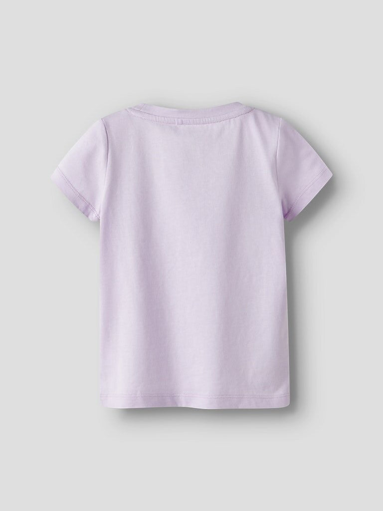 Vista posteriore della maglietta a maniche corte color lilla in cotone firmata Scugnizzi 0-16 per bambina