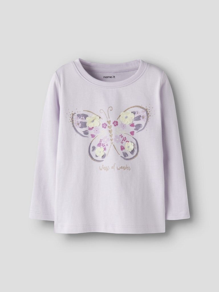 Maglietta a maniche lunghe Scugnizzi 0-16 Name it color lilla con stampa farfalla glitterata e dettagli floreali