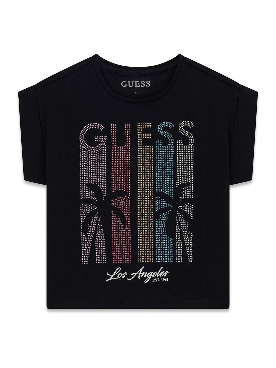 Maglietta nera a maniche corte Scugnizzi 0-16 GUESS con stampa frontale di palme e logo decorato con strass colorati