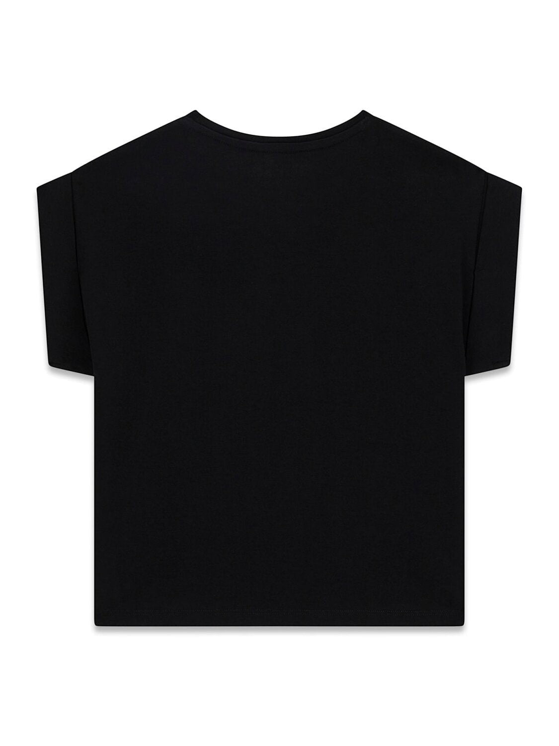 Maglietta nera a maniche corte GUESS con risvolti, proposta da Scugnizzi 0-16, dal design moderno e versatile.