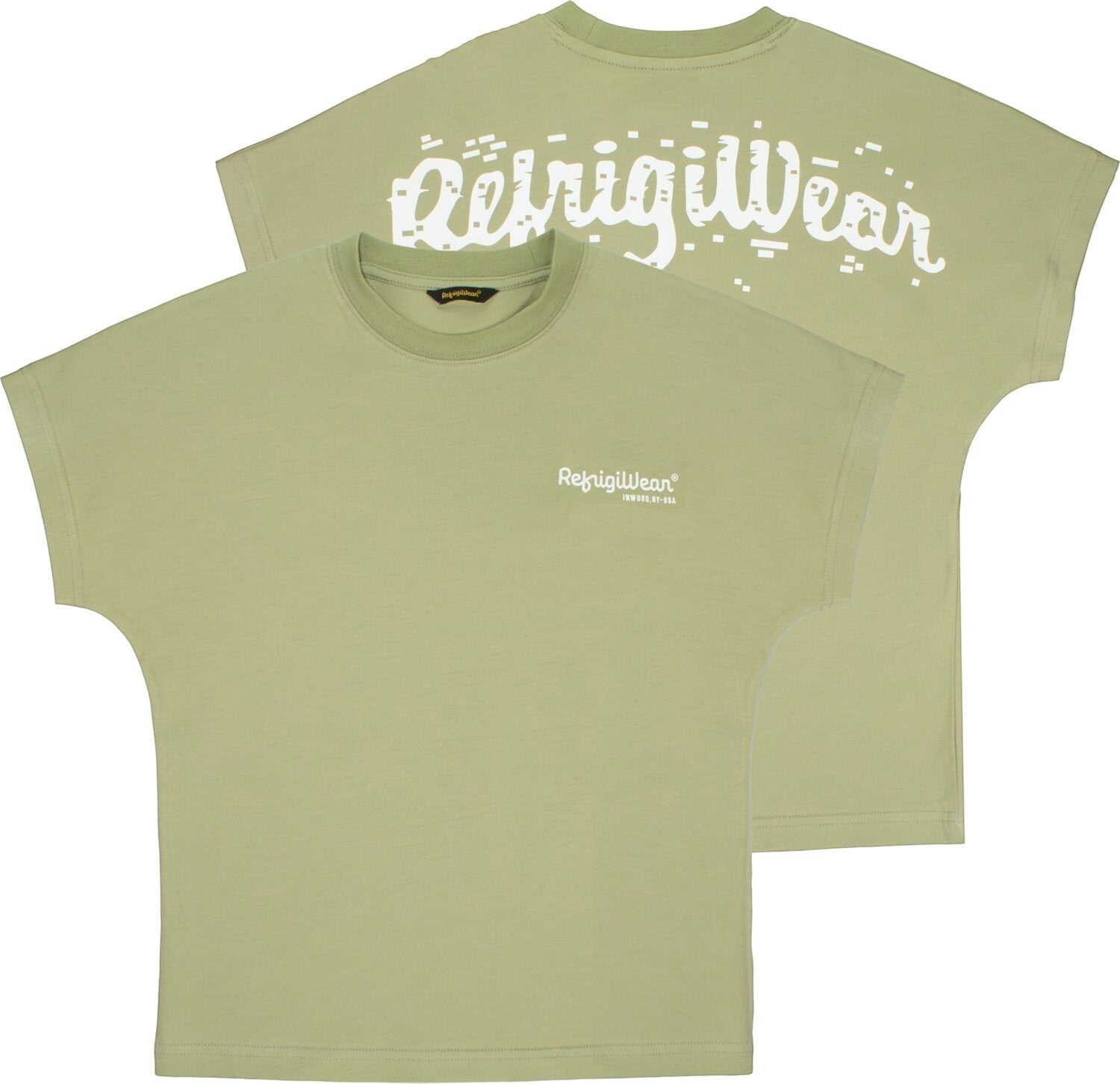 Maglietta Scugnizzi 0-16 RefrigiWear verde salvia in cotone con logo frontale e grafica audace sul retro
