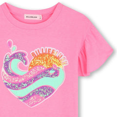 Maglietta rosa in cotone Scugnizzi 0-16 con maniche a volant e decoro a cuore con paillettes scintillanti