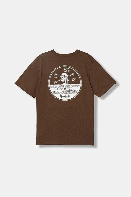 T-shirt marrone in cotone Scugnizzi 0-16 Vans con stampa grafica circolare a tema scheletro sul retro