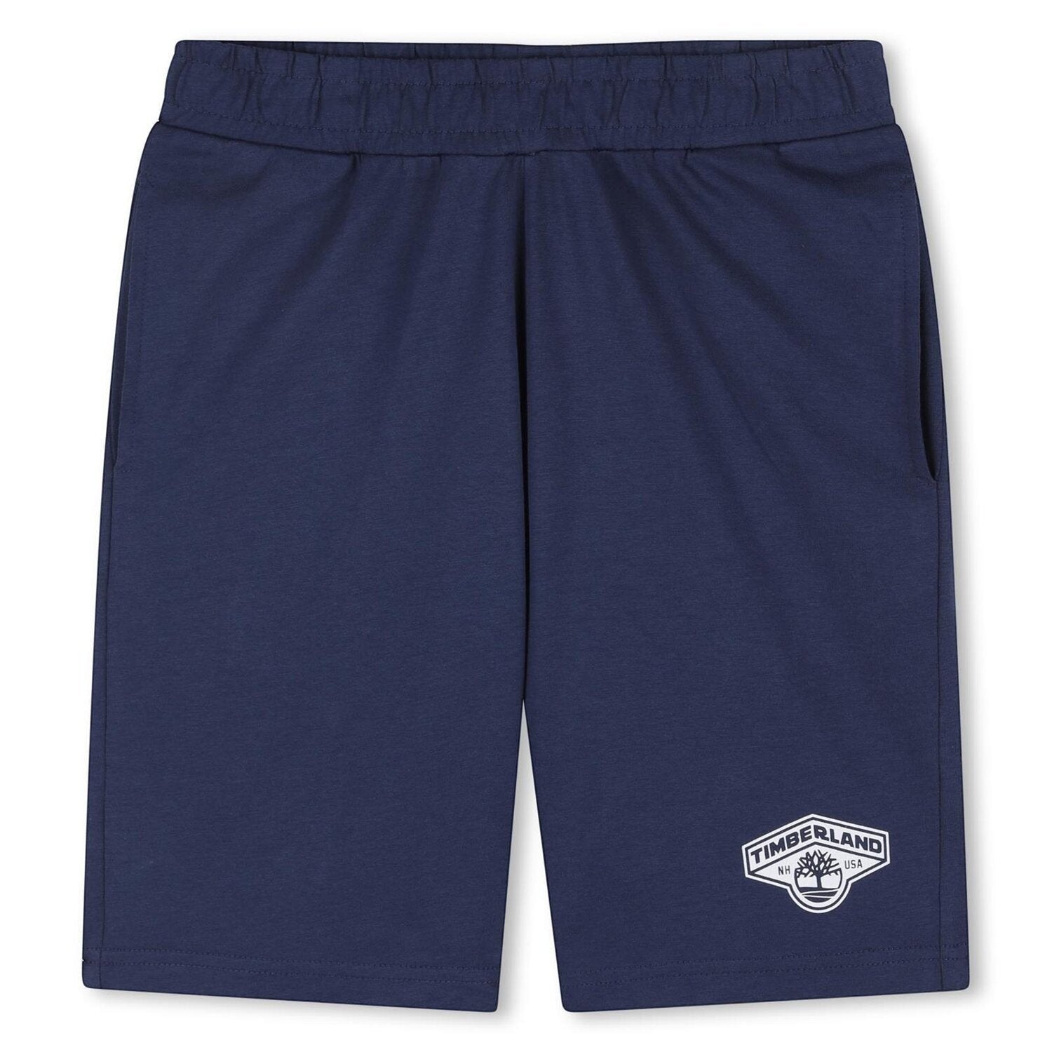 Pantaloncini blu navy Scugnizzi 0-16 Timberland con elastico in vita e logo stampato, ideali per il tempo libero.