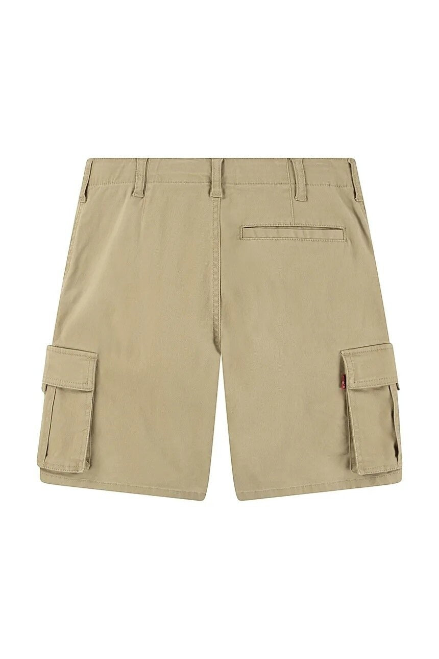 Pantaloncini cargo Scugnizzi 0-16 color sabbia in cotone con tasche laterali e etichetta rossa sul retro