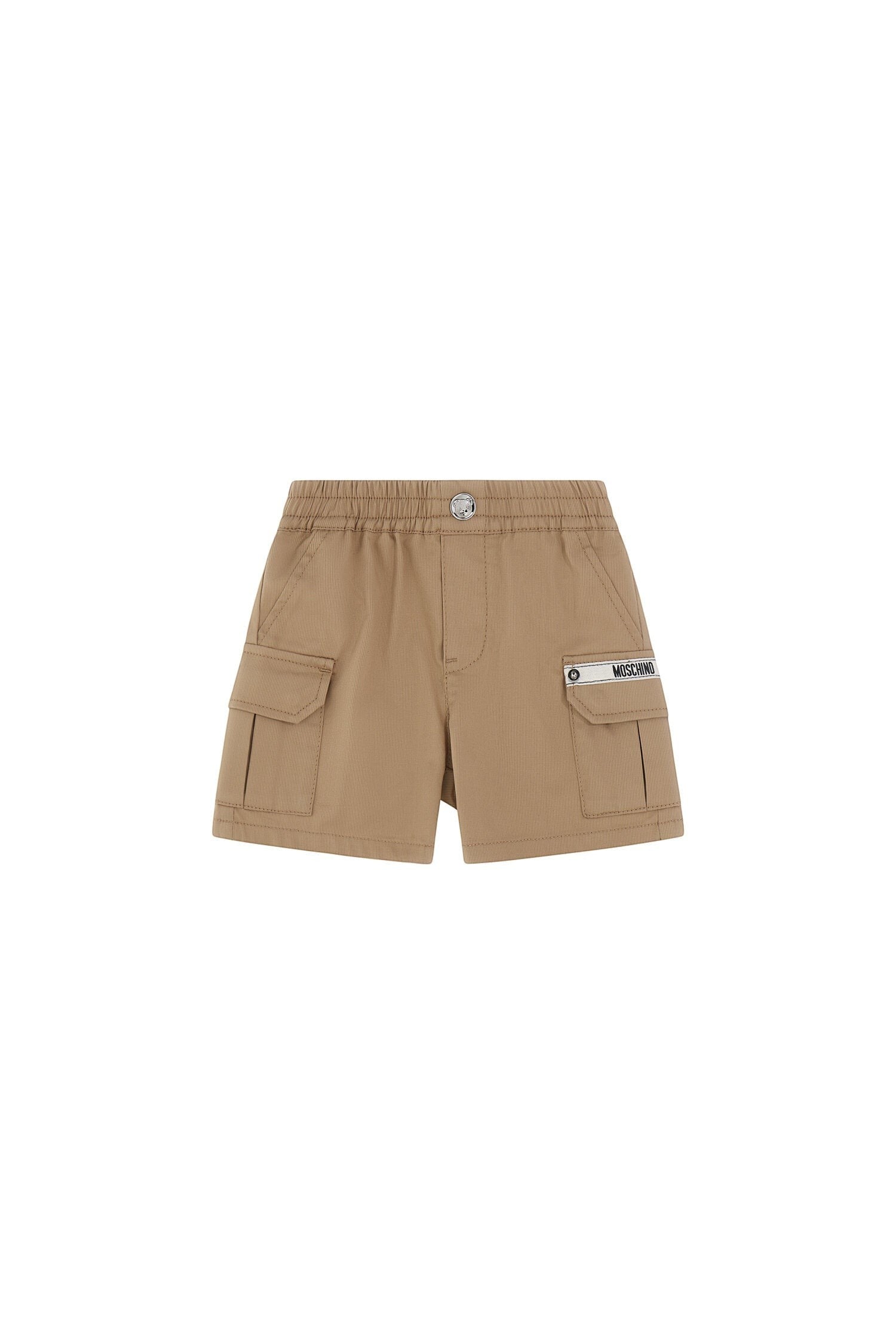 Pantaloncini cargo Scugnizzi 0-16 color sabbia per bambini con tasche laterali, vita elastica e logo Moschino