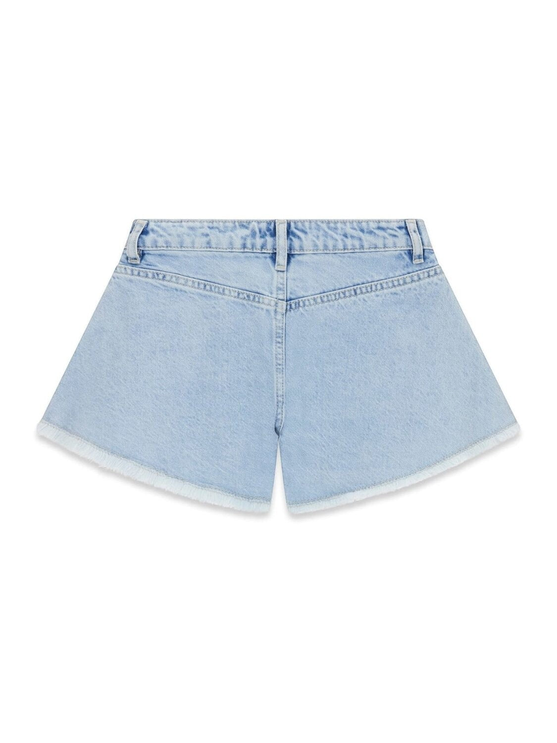 Pantaloncini corti in denim chiaro Scugnizzi 0-16 firmati GUESS con fondo sfrangiato, vista posteriore