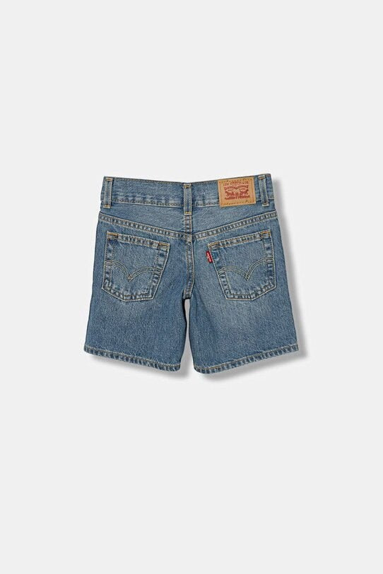 Pantaloncini in denim blu medio Levi's per bambini con etichetta in pelle e cuciture ad arco, vista posteriore.