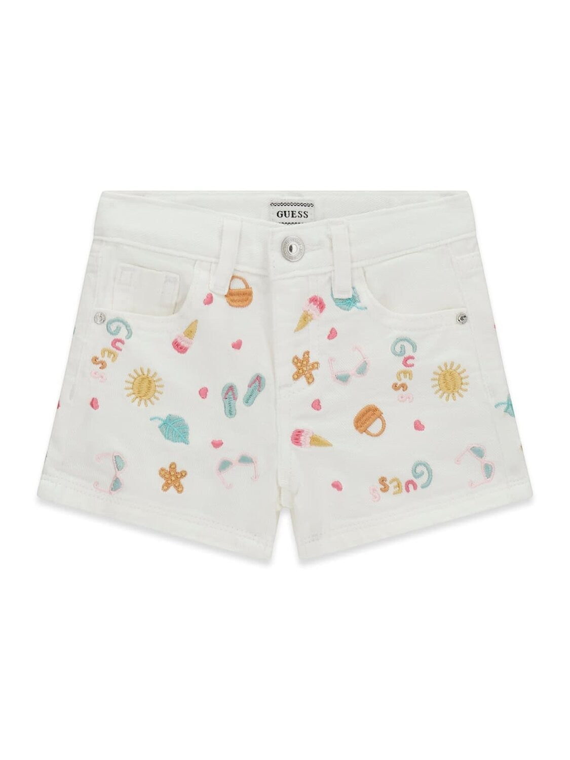 Pantaloncini corti in denim bianco Scugnizzi 0-16 GUESS con stampa estiva colorata e logo