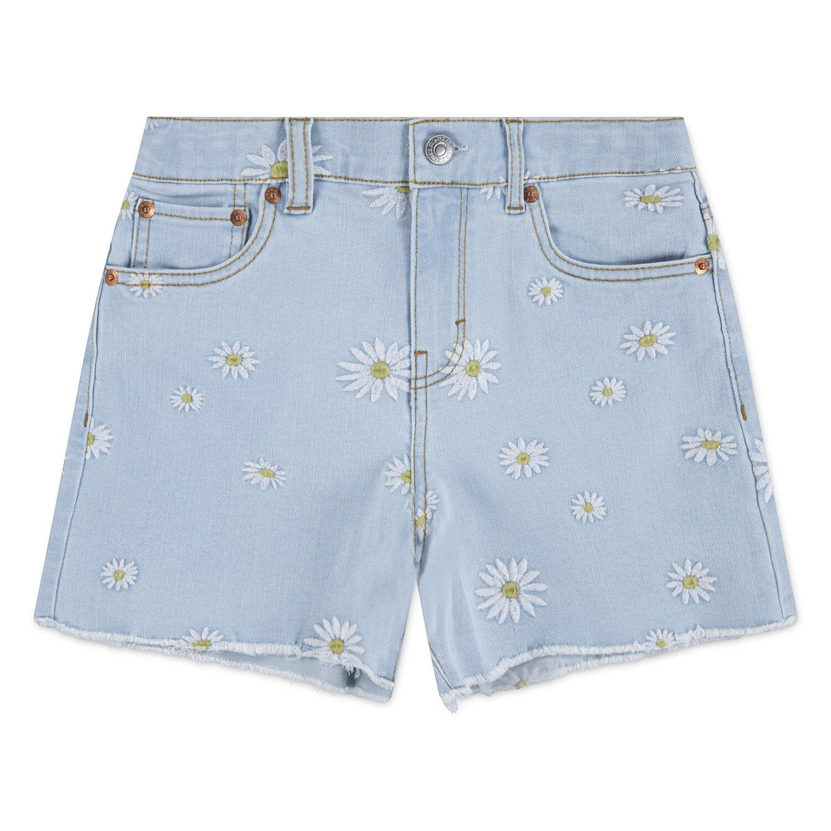 Pantaloncini in denim azzurro chiaro Scugnizzi 0-16 con ricami a margherite bianche e orlo sfrangiato per bambina