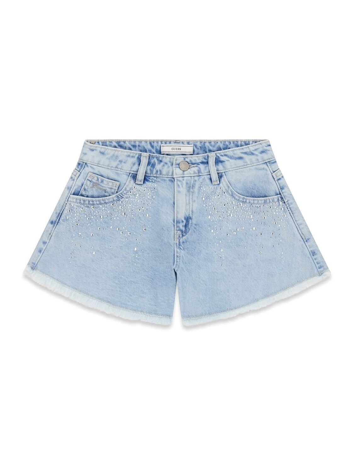 Pantaloncini corti in denim chiaro Scugnizzi 0-16 GUESS con strass decorativi e fondo sfrangiato per bambina