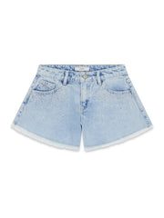 Pantaloncini corti in denim chiaro Scugnizzi 0-16 GUESS con strass decorativi e fondo sfrangiato per bambina
