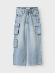 Pantaloni cargo in denim lavaggio chiaro Scugnizzi 0-16 con tasche laterali ampie e vita regolabile per bambini