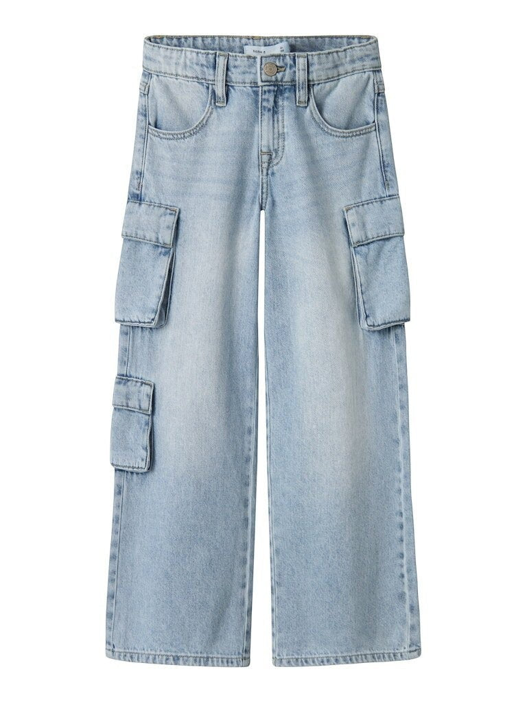 Pantaloni cargo in denim lavaggio chiaro Scugnizzi 0-16 con tasche laterali e vita regolabile per bambini