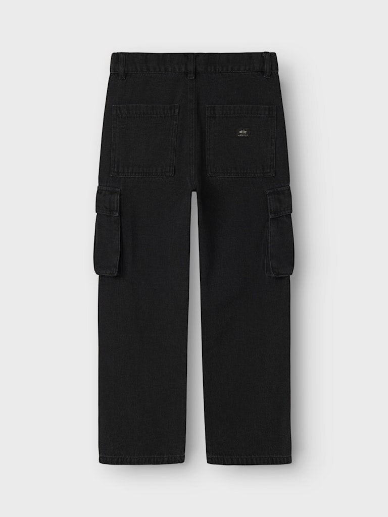 Pantaloni cargo in denim nero Scugnizzi 0-16 con tasche laterali e vita regolabile per bambini
