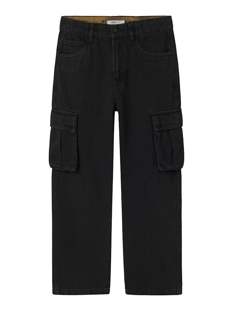 Pantaloni cargo in denim nero Scugnizzi 0-16 per bambini con tasche laterali e vita regolabile