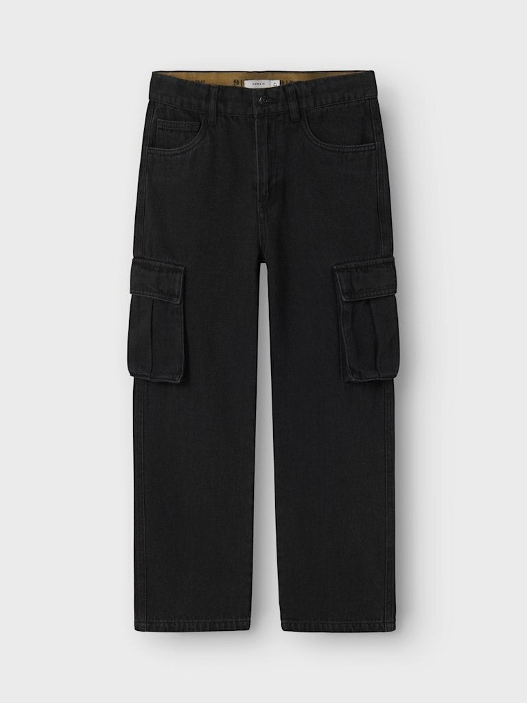 Pantaloni cargo in denim nero Scugnizzi 0-16 con tasche laterali e vita regolabile per bambini