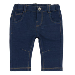 Pantaloni in denim blu scuro Scugnizzi 0-16 con cuciture a contrasto, chiusura con bottone e passanti per cintura.