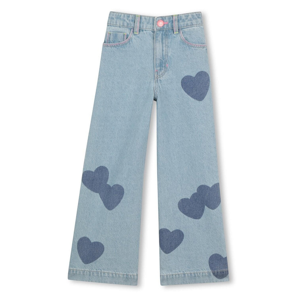 Pantaloni in denim Scugnizzi 0-16 per bambina, lavaggio chiaro con fantasia a cuori blu scuro e taglio a gamba larga.