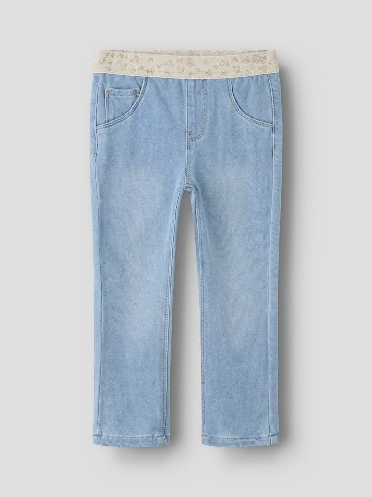 Pantaloni in denim Scugnizzi 0-16 lavaggio chiaro con vita elastica color crema e dettagli a cuoricini glitterati dorati