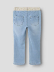 Pantaloni in denim Scugnizzi 0-16 lavaggio chiaro con vita elastica color crema e cuoricini glitterati dorati