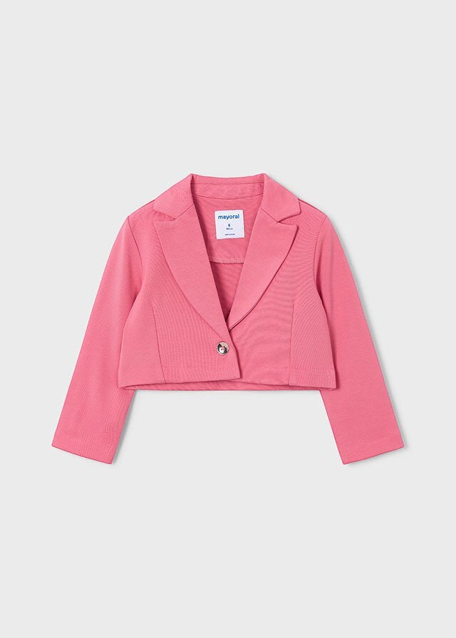 Scugnizzi 0-16 pink cropped blazer with a single button closure and lapel collar. Made from a soft knit fabric.