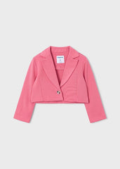Scugnizzi 0-16 pink cropped blazer with a single button closure and lapel collar. Made from a soft knit fabric.