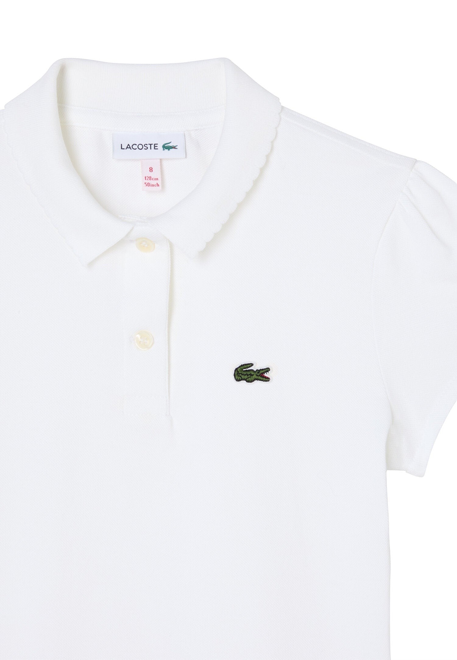 Polo bianca Lacoste per bambina in piqué di cotone con colletto smerlato, maniche arricciate e logo coccodrillo Scugnizzi 0-16
