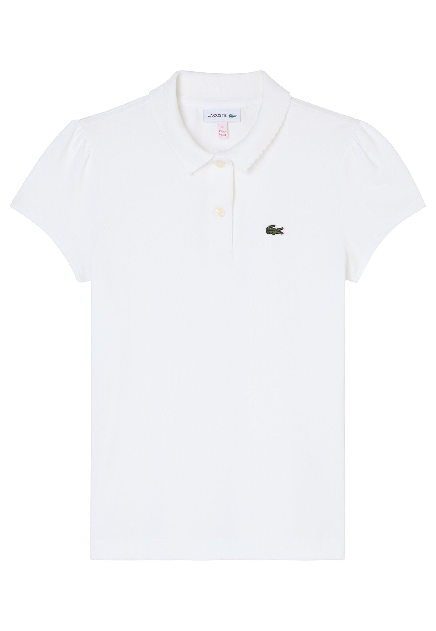 Polo bianca Lacoste per bambina in piqué di cotone con colletto smerlato, maniche arricciate e logo coccodrillo Scugnizzi 0-16