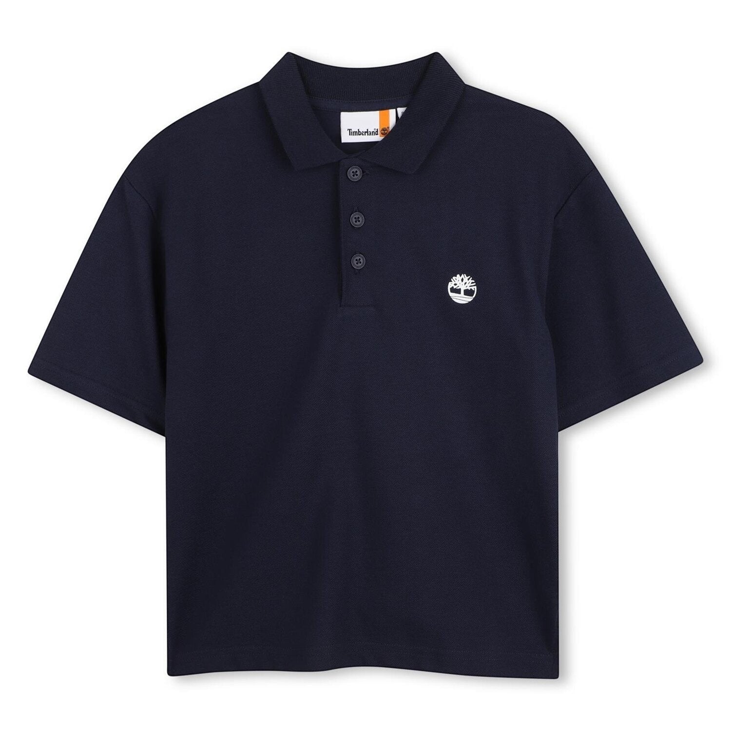 Polo blu a maniche corte Timberland per bambini con logo ricamato sul petto, disponibile da Scugnizzi 0-16