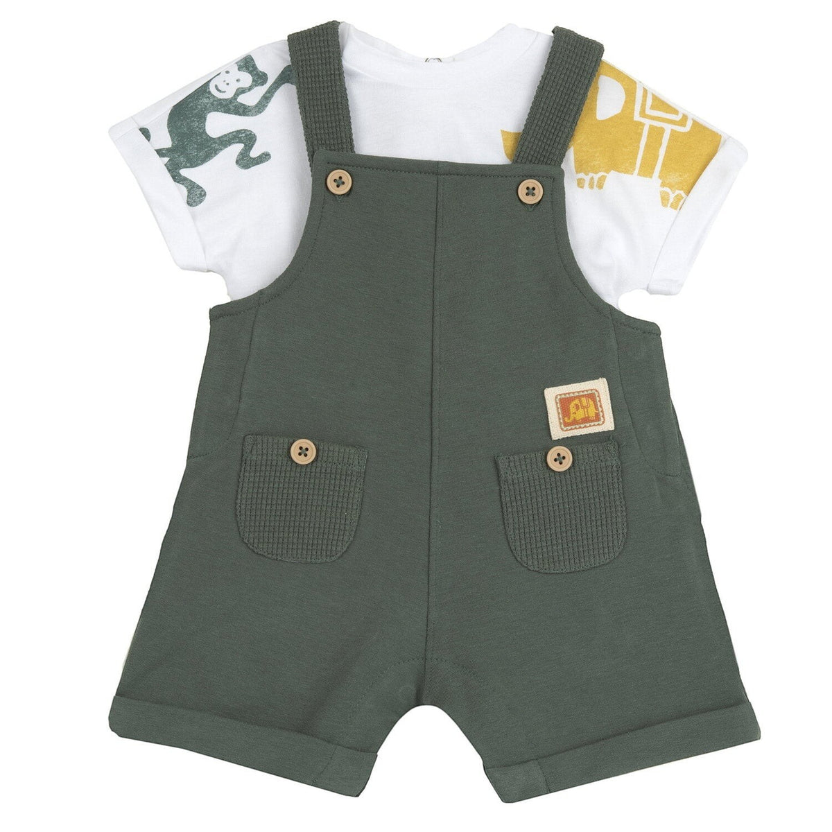 Completo Scugnizzi 0-16 con salopette corta verde oliva e t-shirt bianca con stampa grafica per bambino