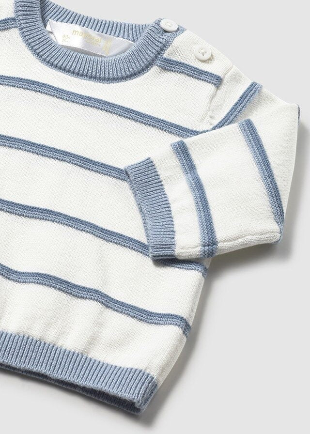 Scugnizzi 0-16 white and blue striped cotton sweater with button shoulder detail for babies.
