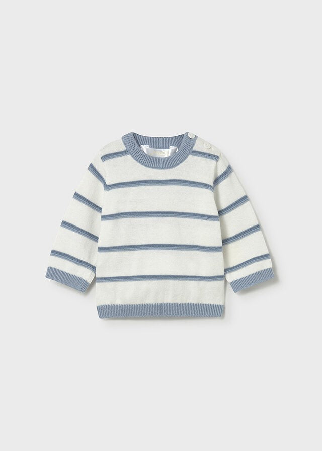 Scugnizzi 0-16 striped cotton sweater in white and blue with button shoulder closure.