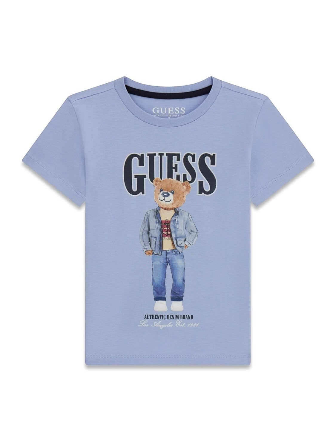 T-shirt Scugnizzi 0-16 in cotone azzurro con stampa grafica frontale di un orsetto con giacca di jeans