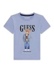 T-shirt Scugnizzi 0-16 in cotone azzurro con stampa grafica frontale di un orsetto con giacca di jeans