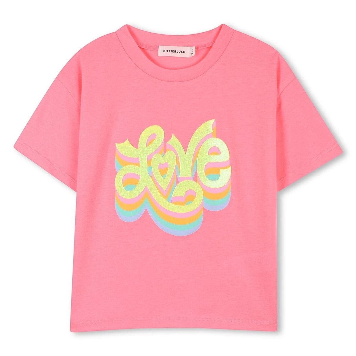 T-shirt rosa in cotone per bambina Scugnizzi 0-16 con scritta Love colorata e glitterata sul davanti