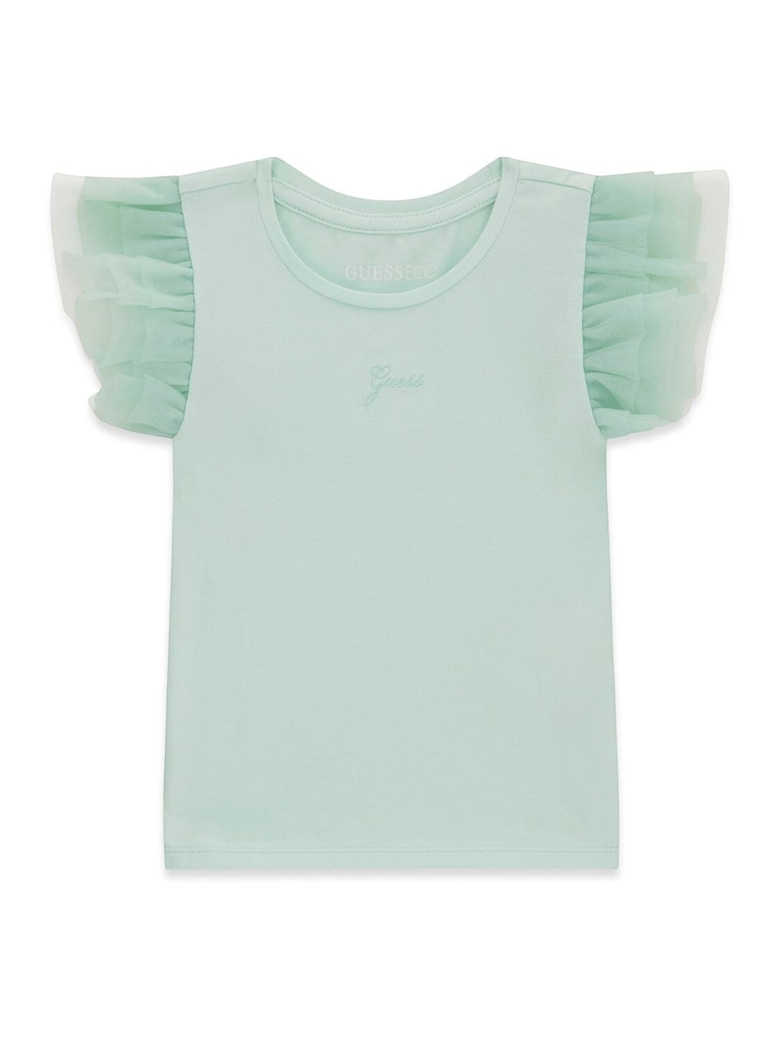 T-shirt Scugnizzi 0-16 in cotone verde acqua per bambina con maniche corte arricchite da romantici volant in tulle.