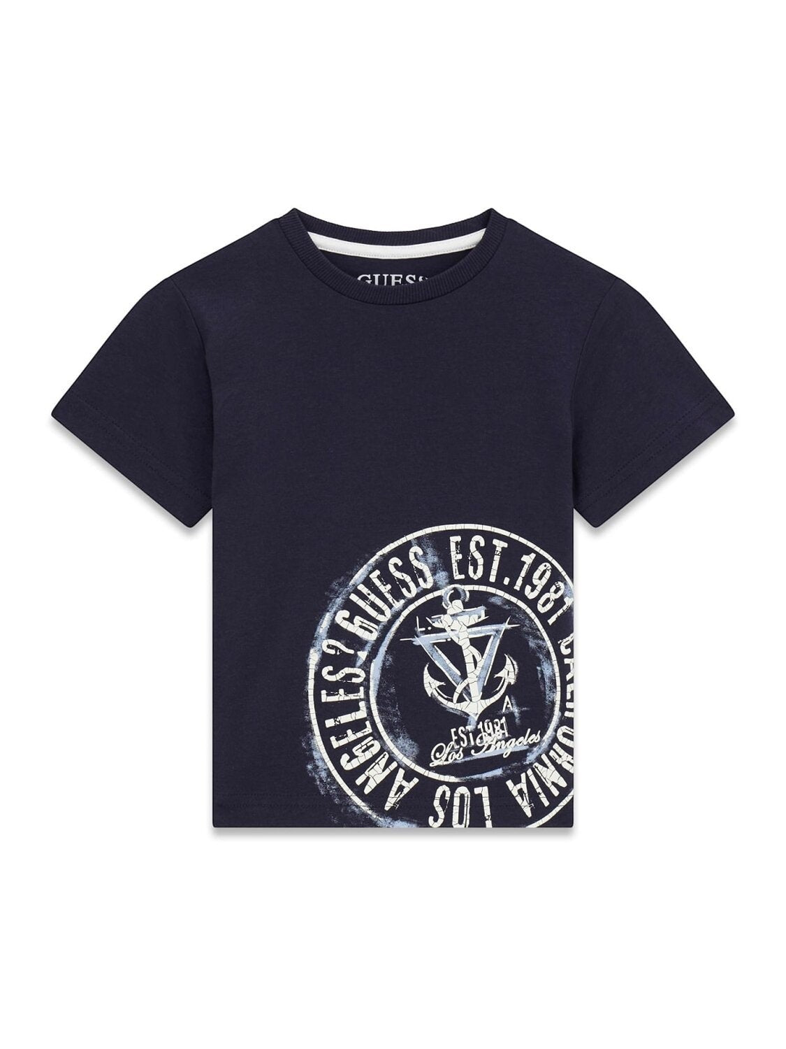 T-shirt blu a maniche corte Scugnizzi 0-16 in cotone con stampa grafica circolare a tema nautico e ancora