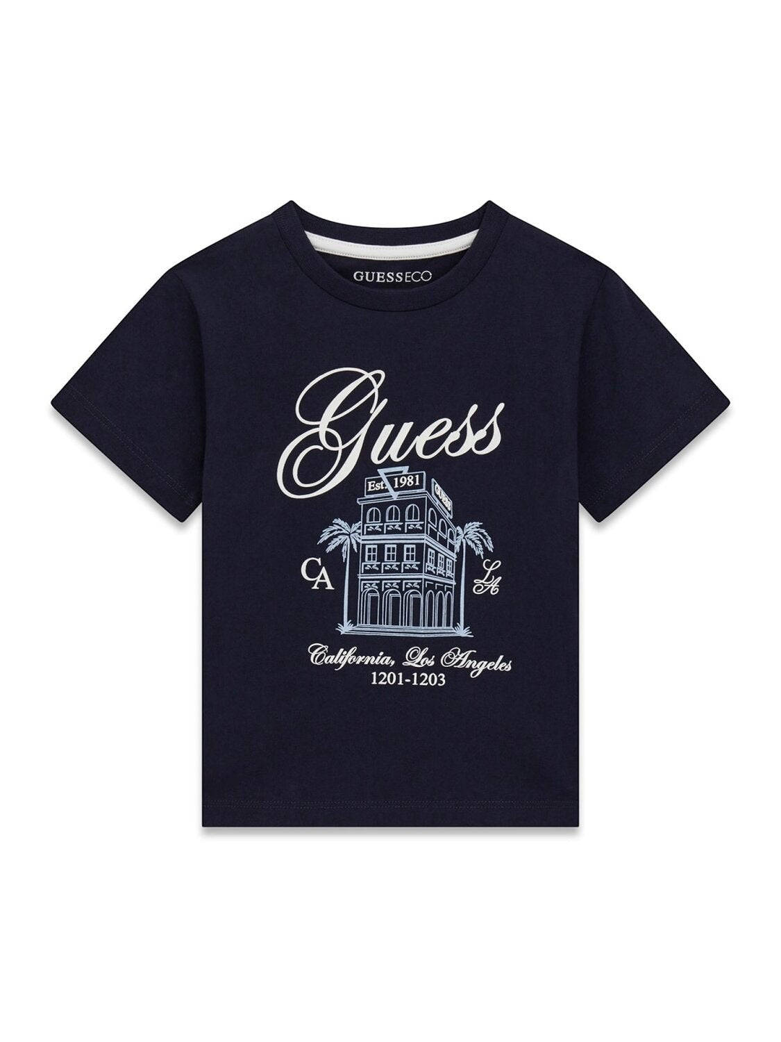 T-shirt Scugnizzi 0-16 blu navy in cotone per bambini con stampa grafica bianca Los Angeles e logo Guess sul petto
