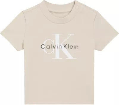 T-shirt beige a maniche corte Scugnizzi 0-16 in cotone con logo Calvin Klein stampato e bottoni a pressione