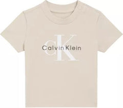 T-shirt beige a maniche corte Scugnizzi 0-16 in cotone con logo Calvin Klein stampato e bottoni a pressione