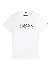 T-shirt bianca in cotone Scugnizzi 0-16 con logo Tommy Hilfiger stampato sul petto e girocollo classico