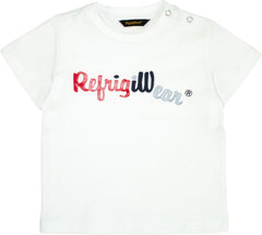 T-shirt bianca in cotone Scugnizzi 0-16 con logo RefrigiWear colorato sul petto e bottoni a pressione sulla spalla