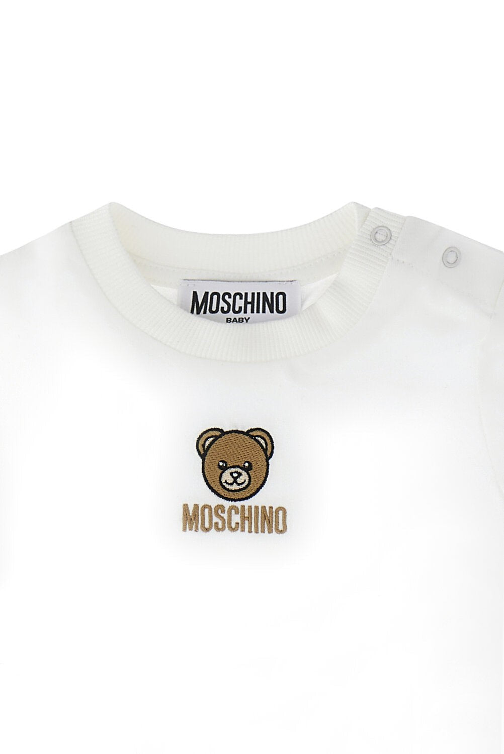 T-shirt bianca in cotone Scugnizzi 0-16 con logo Moschino Baby e ricamo Teddy Bear sul petto, chiusura a pressione.