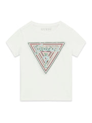 T-shirt bianca in cotone Scugnizzi 0-16 con logo triangolare frontale decorato da paillettes multicolori
