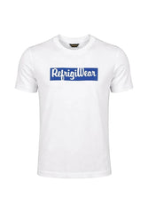 T-shirt bianca in cotone Scugnizzi 0-16 con logo RefrigiWear blu stampato sul petto, girocollo e maniche corte.
