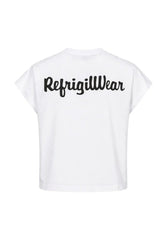 T-shirt bianca Scugnizzi 0-16 RefrigiWear con logo nero stampato sul retro, taglio moderno e vestibilità confortevole.