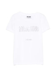 T-shirt bianca a maniche corte Scugnizzi 0-16 in cotone con logo Moschino e scritta Milano realizzati in strass
